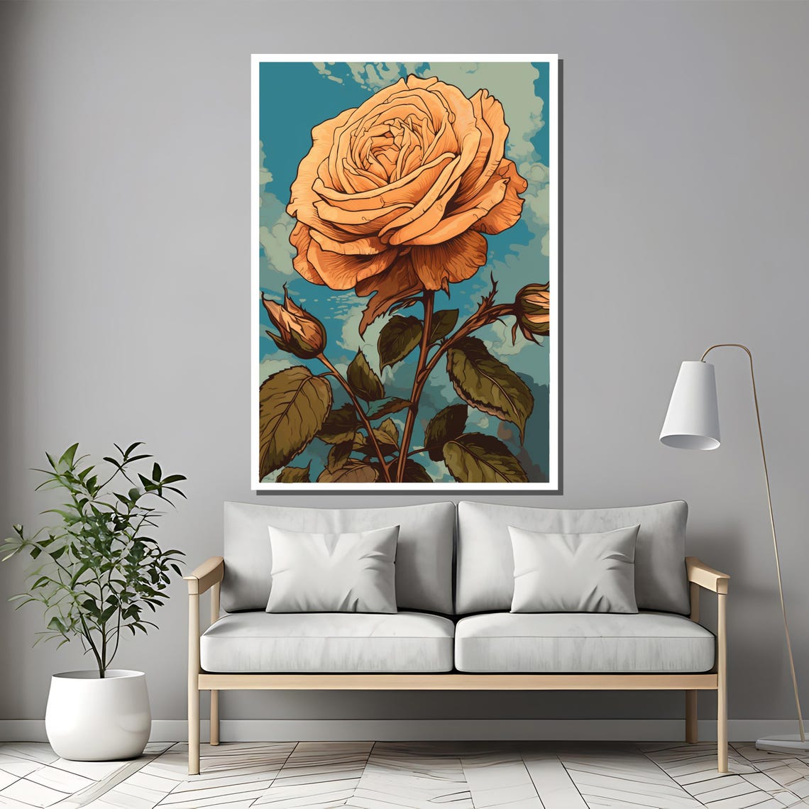 Vintage Orange Rose Illustration on a Teal Background Poster - Image 2