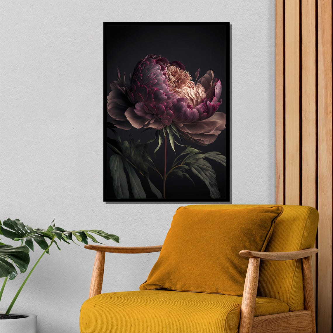 Dark Burgundy Peony Bloom on a Moody Black Background Poster - Image 4