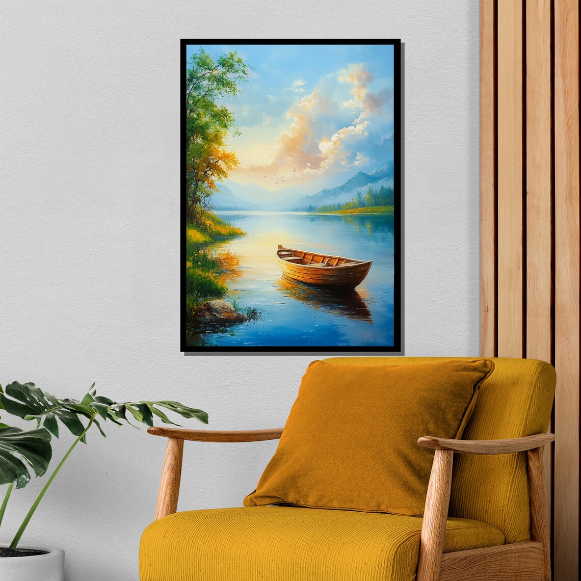 Wooden Rowboat on Calm Sunrise Lake Tranquil Landscape Painting Poster - Image 4