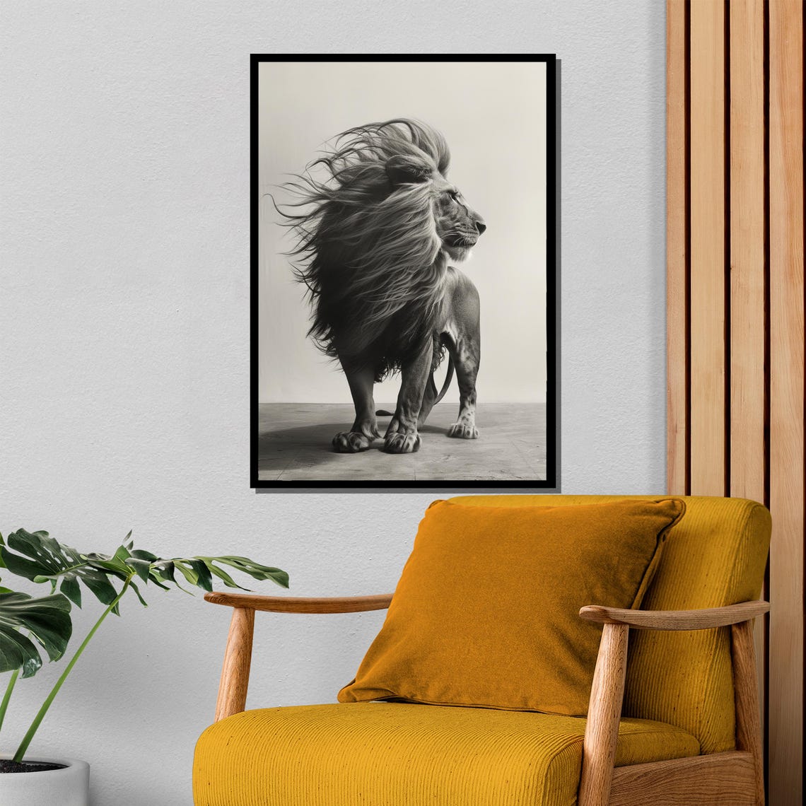 Standing Lion with Windswept Mane Black White Art Wall Poster - Image 4