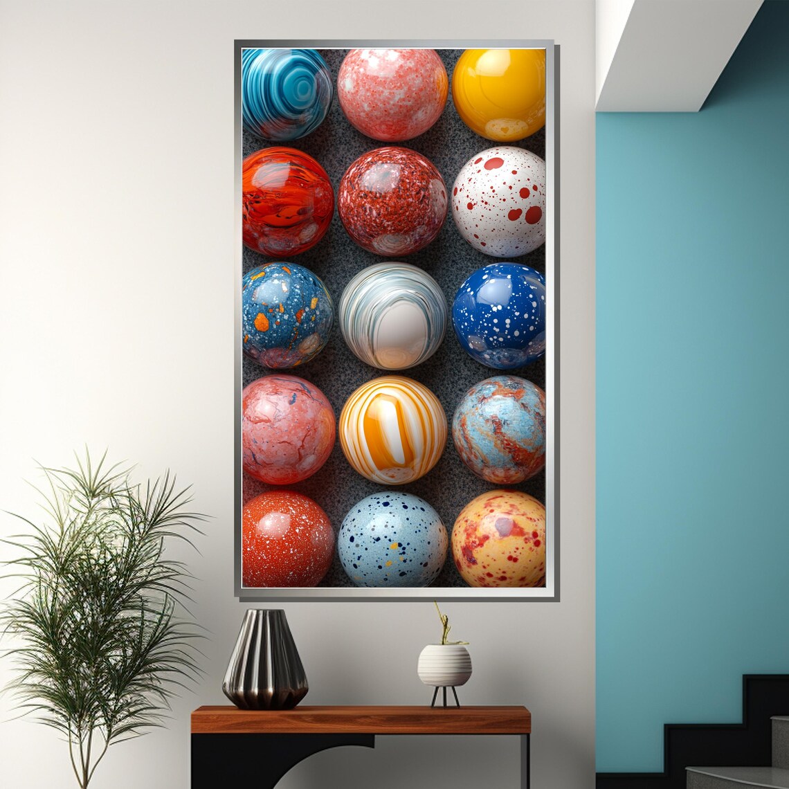 Fifteen Marbled Glass Spheres Arranged in a Grid Abstract Poster - Image 3