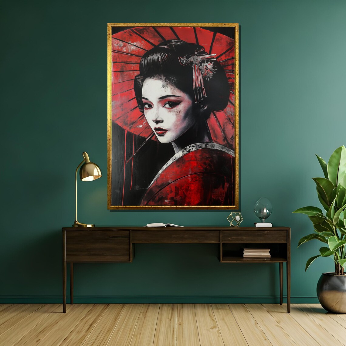 Red Geisha Portrait With Red Parasol Bold Japanese Elegant Art Poster - Image 5