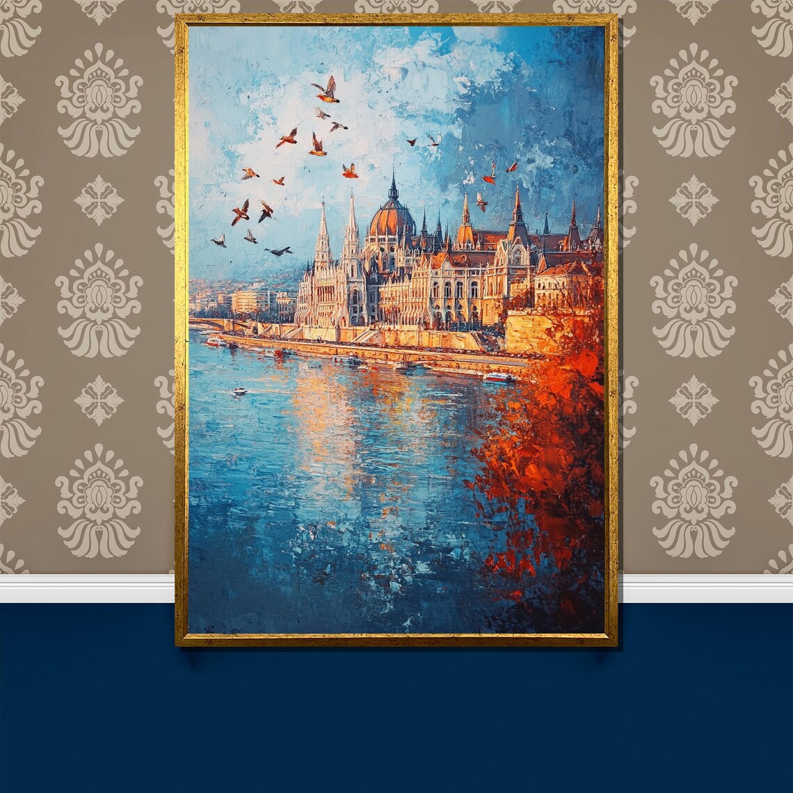 Budapest Parliament Building by the Danube With Birds Cityscape Poster