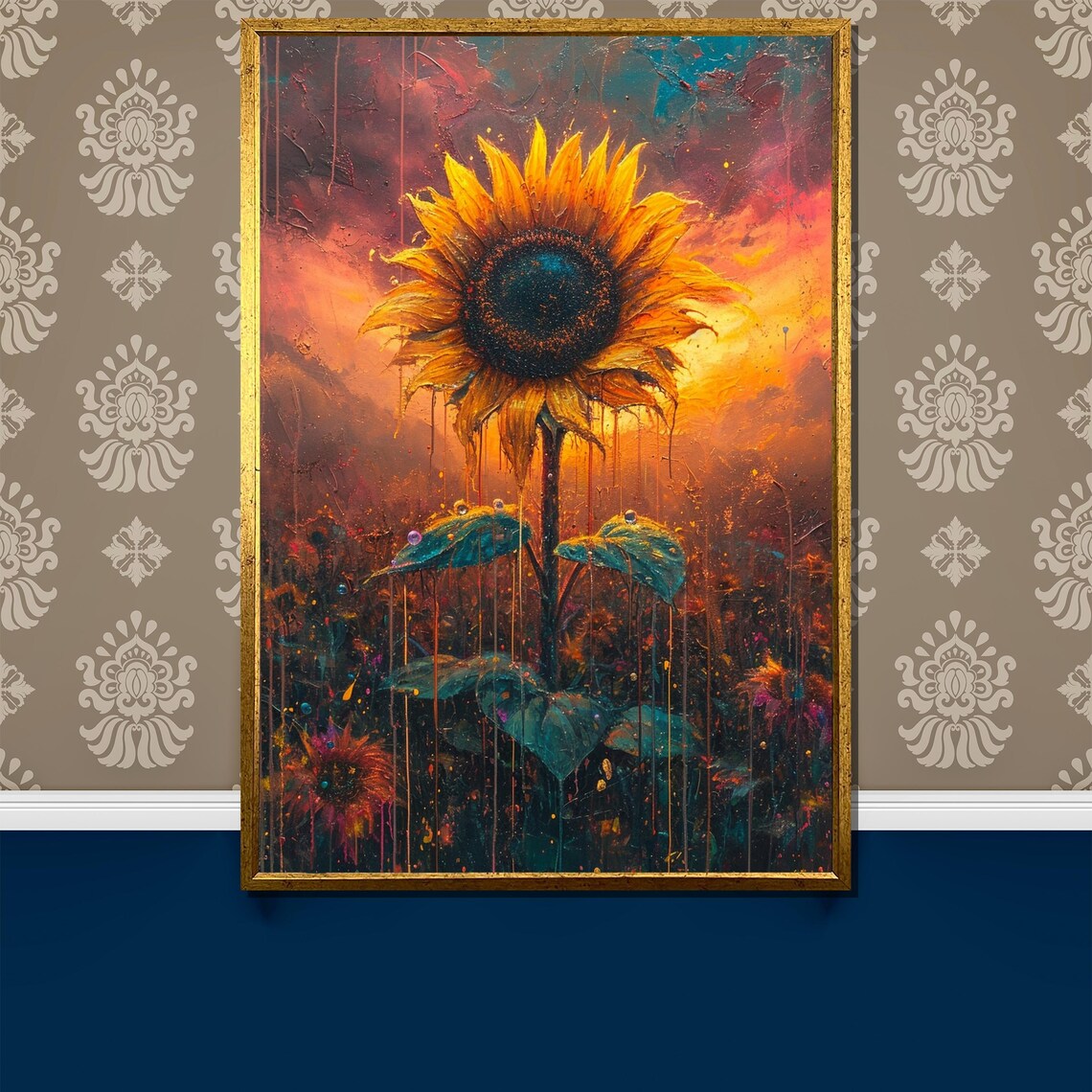 Lone Sunflower Against a Fiery Sunset Sky Dramatic Painting Poster