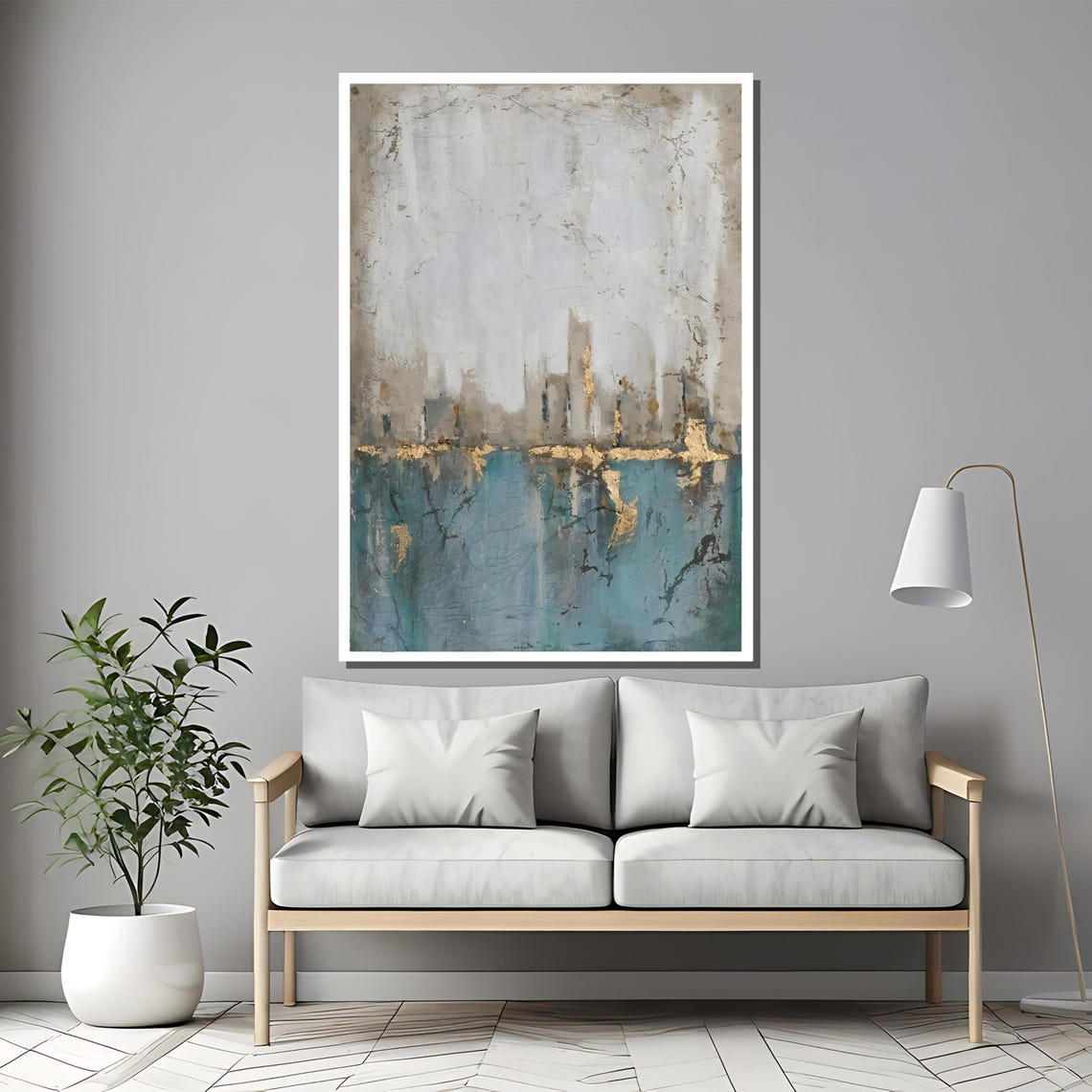 Blue Gold Abstract Skyline Urban Landscape Modern Art Poster - Image 2
