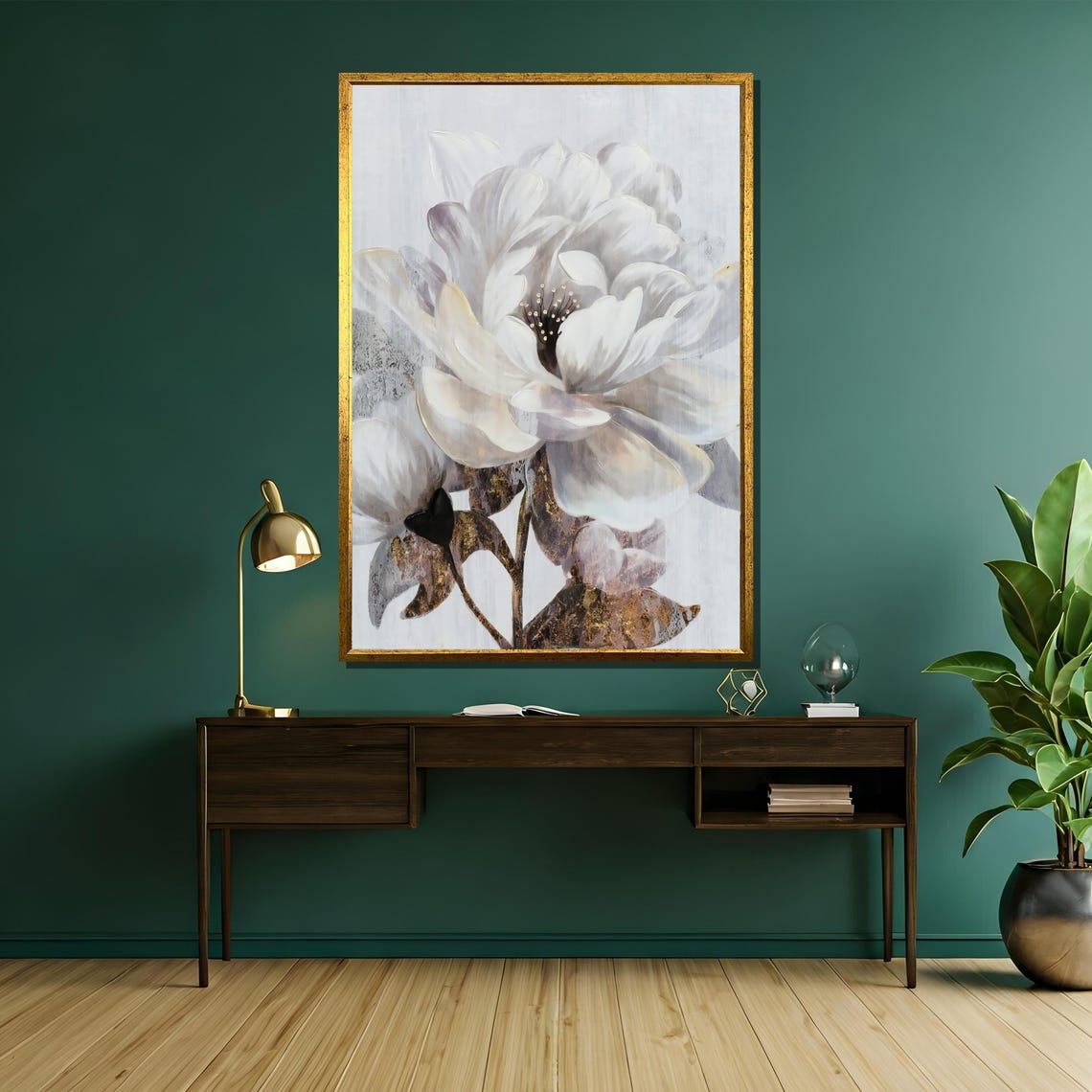 White Magnolia Close Up with Dark Gold Accented Leaves Poster - Image 5