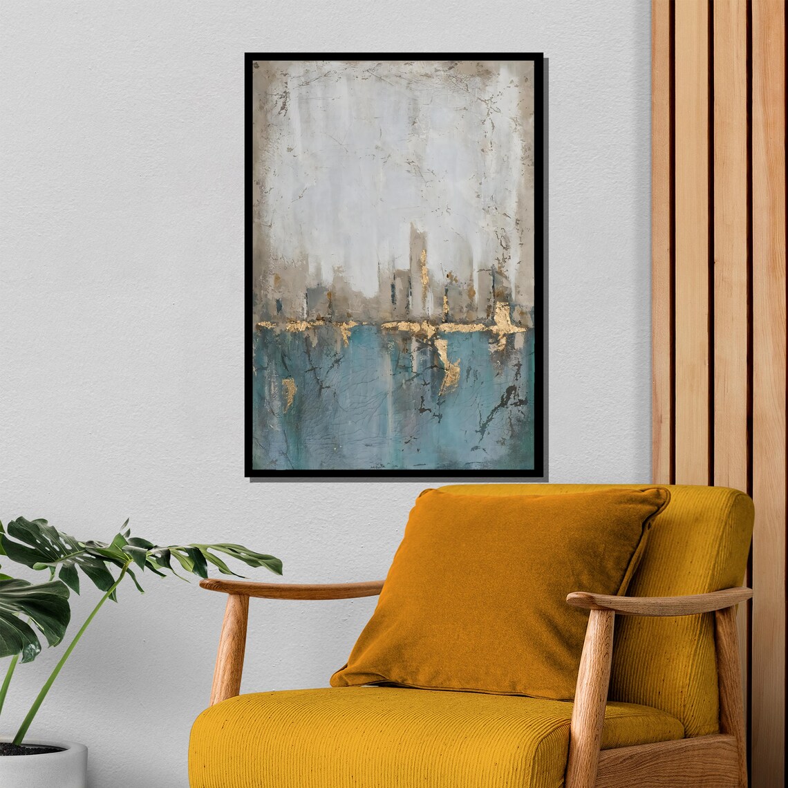 Blue Gold Abstract Skyline Urban Landscape Modern Art Poster - Image 4