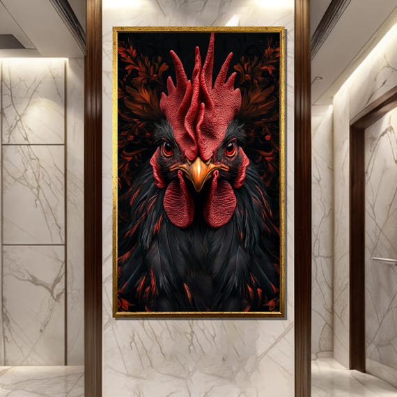 Majestic Rooster Painting Bold Farm Animal Portrait Dark Red And Black Wall Art Powerful Rustic Decor For Home Or Office