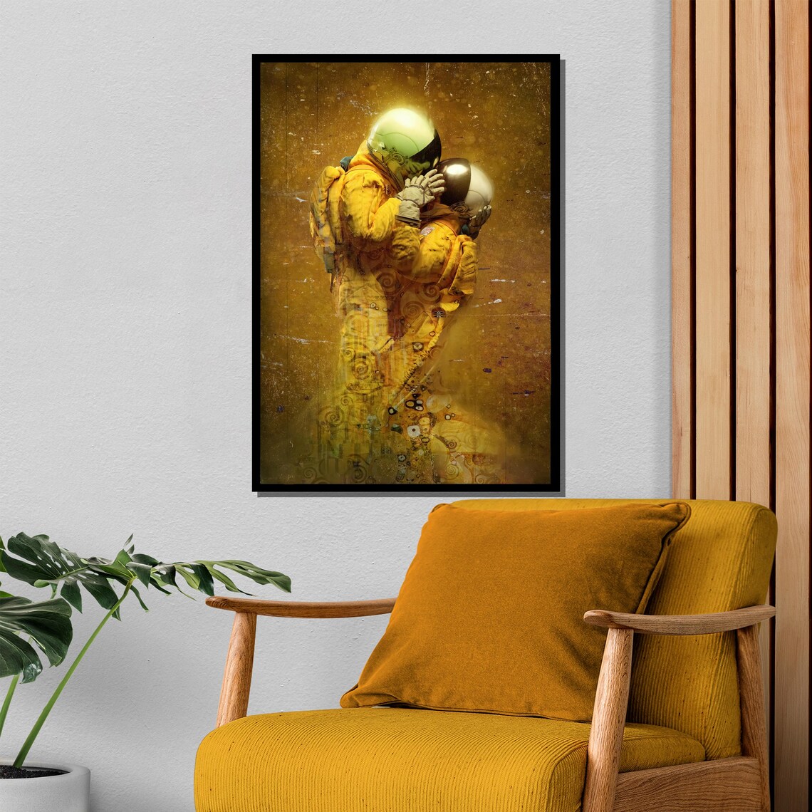 Two Astronauts Embracing In Golden Klimt Inspired Swirling Light Poster - Image 4