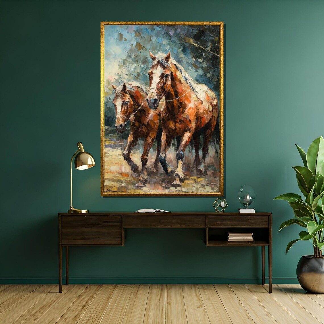 Two Chestnut Horses Running Together Textured Oil Art Poster - Image 5