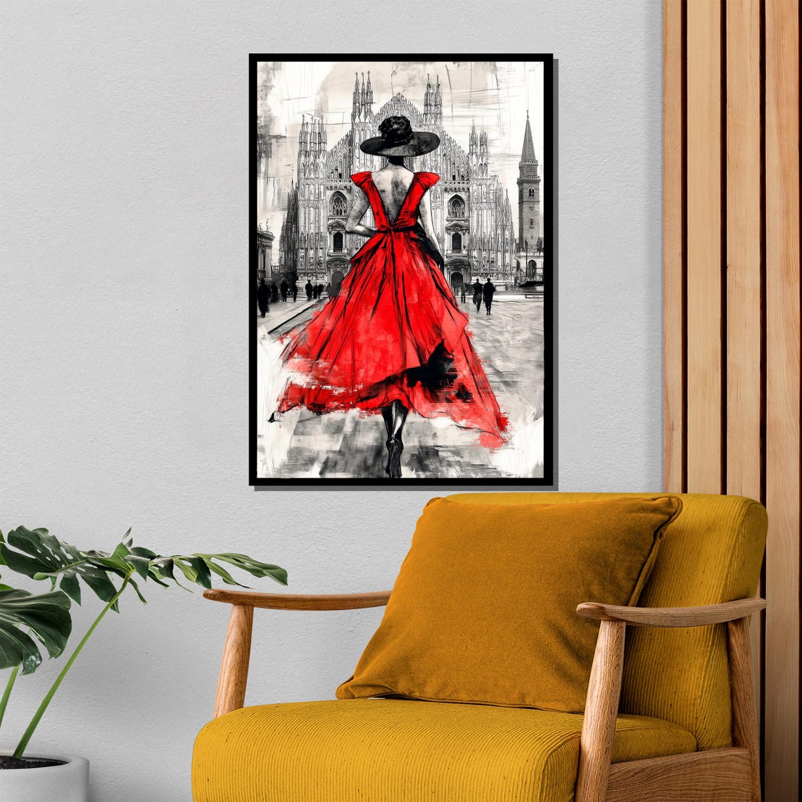 Elegant Lady in Flowing Red Dress Before a Gothic Cathedral Poster - Image 4