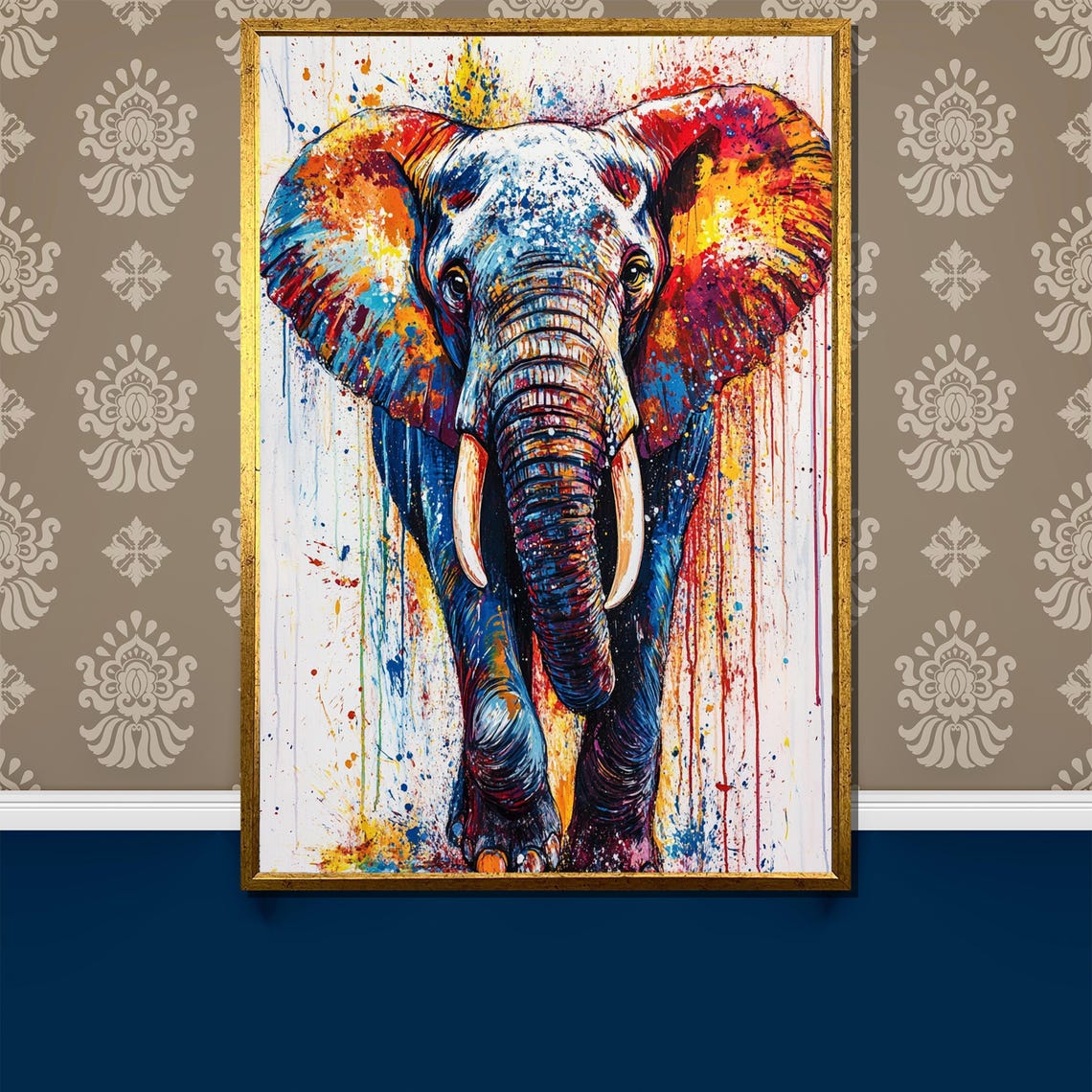 Rainbow Giant Colorful Splatter Elephant Walking Forward Art Poster