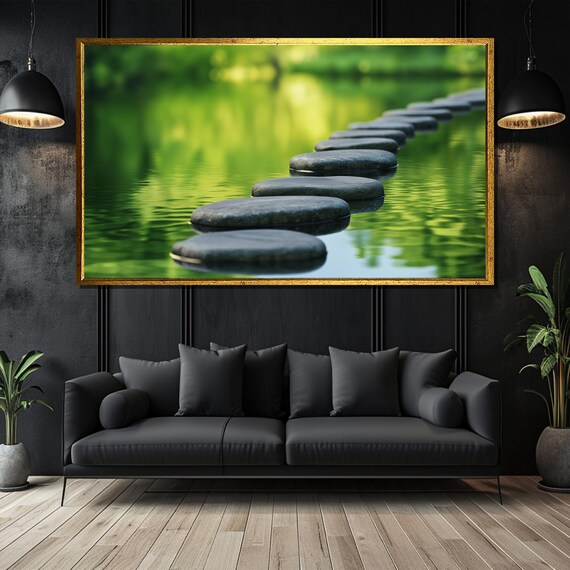 Stepping Stones Crossing a Calm Green Pond in Zen Art Poster