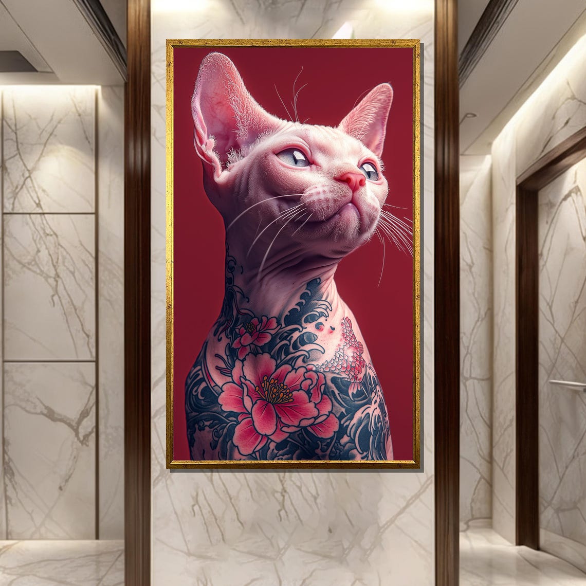 Tattooed Sphynx Cat Painting Unique Albino Feline Art Bold Modern Wall Decor Gift