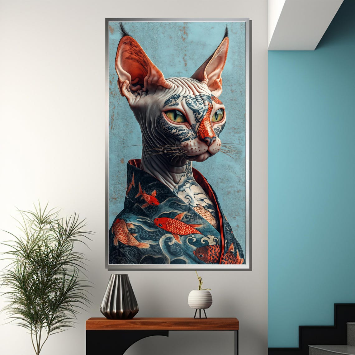 Inked Elegance Tattooed Sphynx Cat in Koi Fish Kimono Art Poster - Image 3
