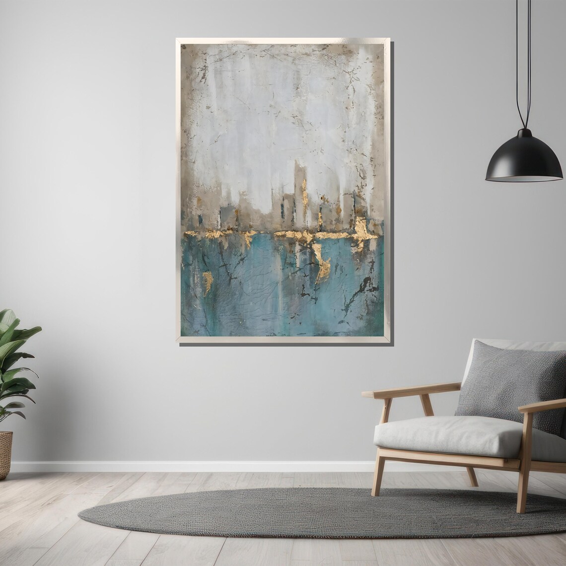 Blue Gold Abstract Skyline Urban Landscape Modern Art Poster - Image 3
