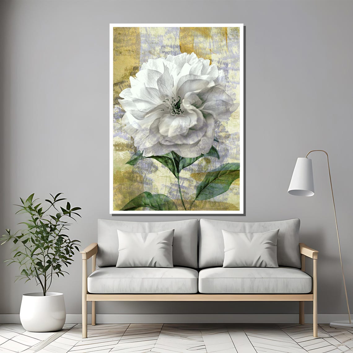 Elegant White Rose Green Leaves Gold Distressed Vintage Poster - Image 2