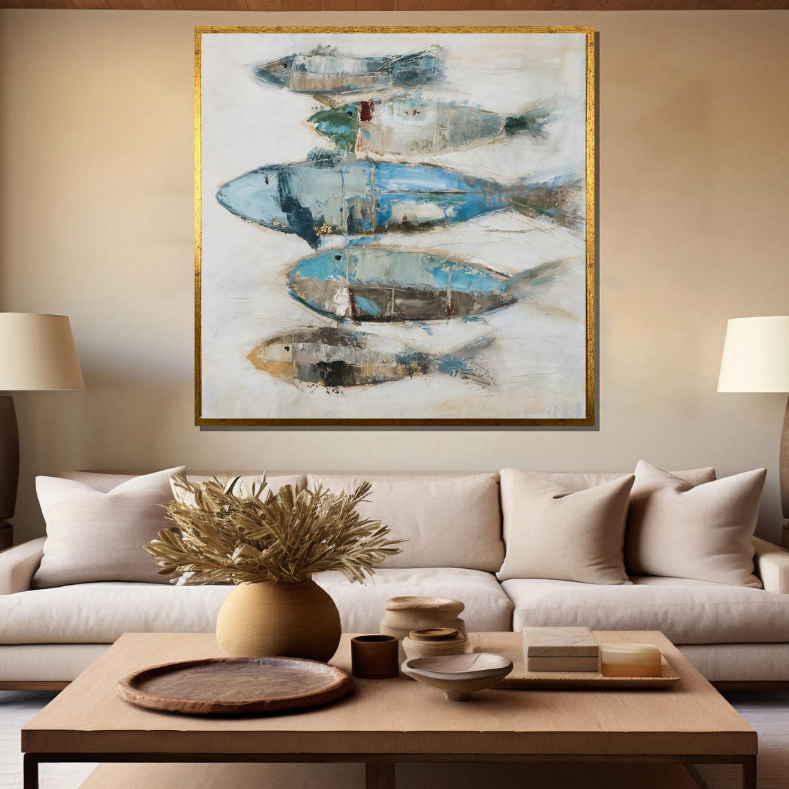 Abstract Blue Fish School Swimming on White Background Poster - Image 5