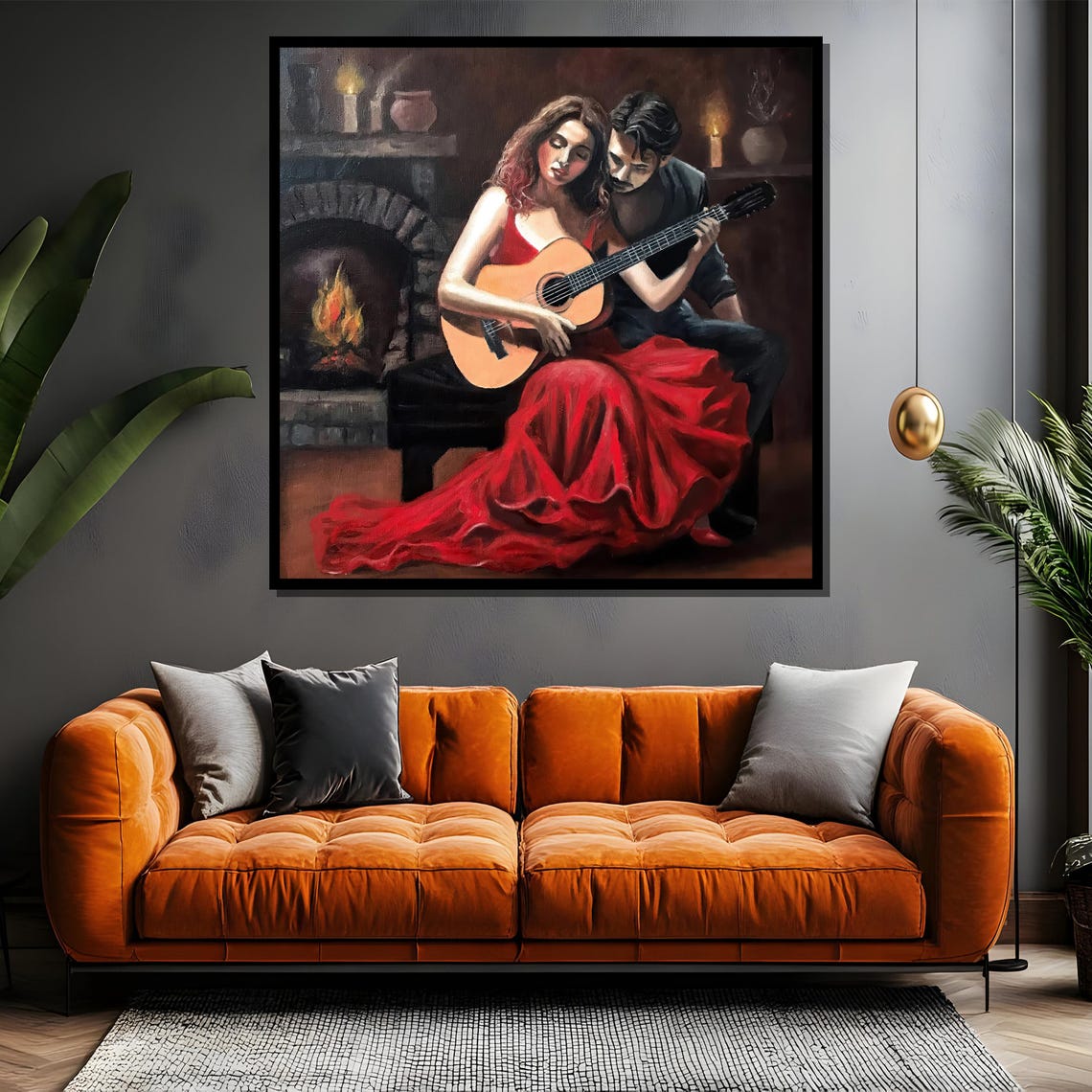 Romantic Guitar Serenade Couple By Fireplace Red Dress Poster - Image 4