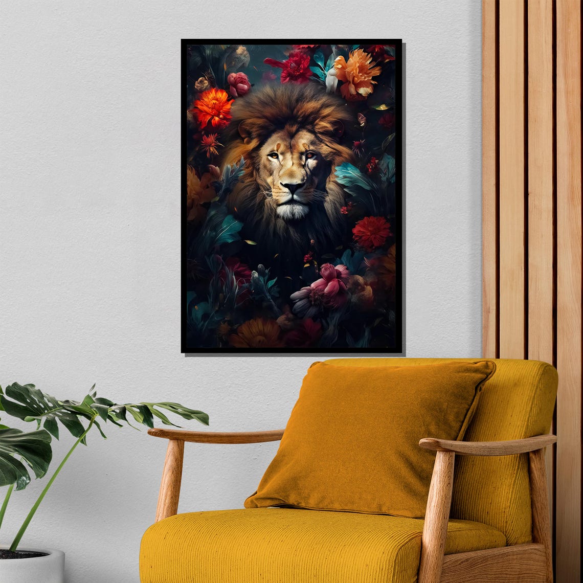 Regal Lion Emerging From A Dark Vibrant Floral Jungle Poster - Image 4