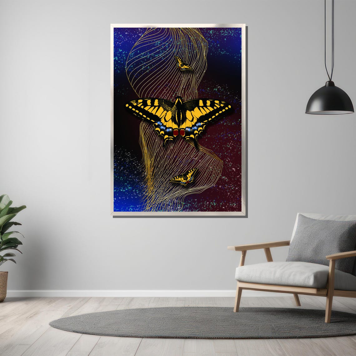 Yellow Swallowtail Butterflies Over Midnight Blue Art Poster - Image 3