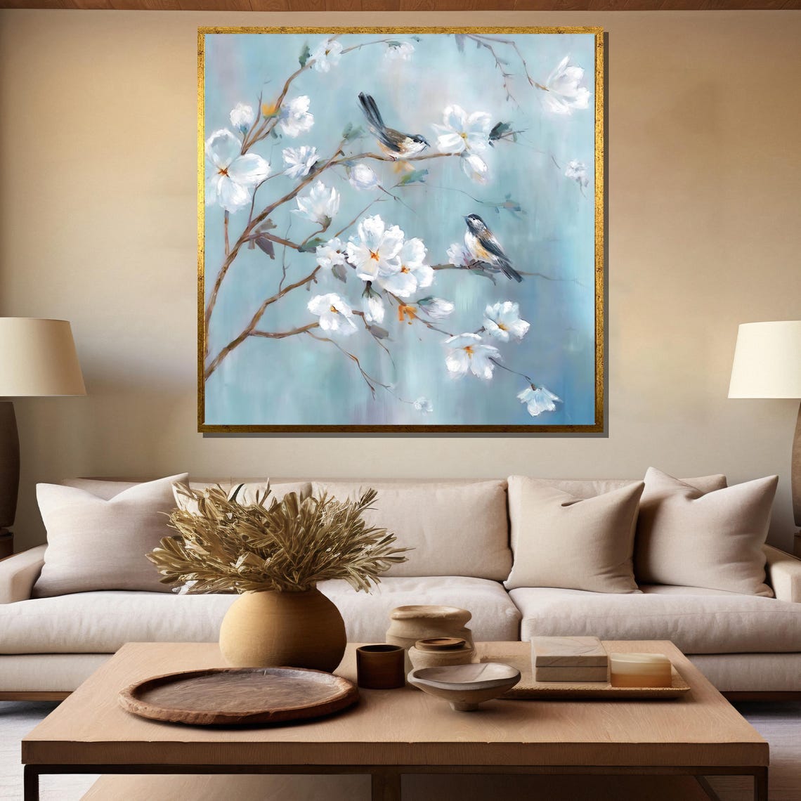 Songbirds Perched on White Blossoming Branches Nature Poster - Image 5