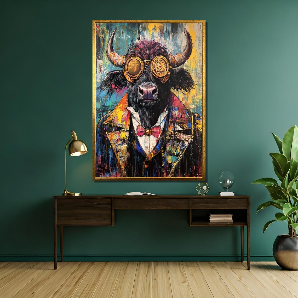 Goggles Up Steampunk Bull in Brass Goggles and Bowtie Art Poster - Image 5