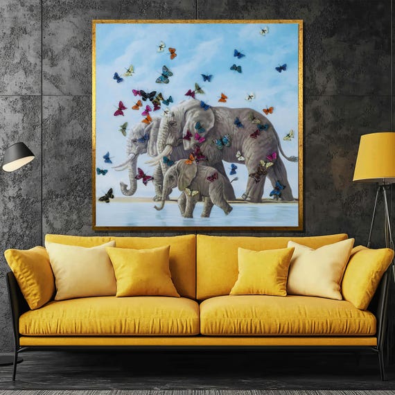 Elephants And Butterflies Painting Whimsical Animal Art Gift Perfect For Nature Lovers And Unique Wall Decor