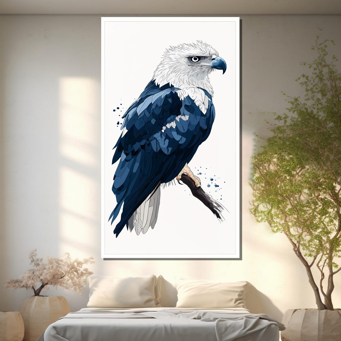 Indigo Majesty Blue and White Eagle Perched Watercolor Art Poster - Image 2