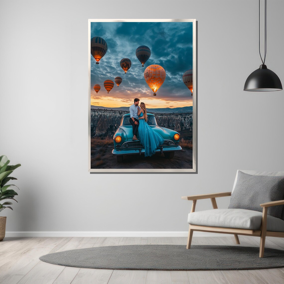 Couple On Vintage Car Cappadocia Balloons Sunset Travel Art Poster - Image 3