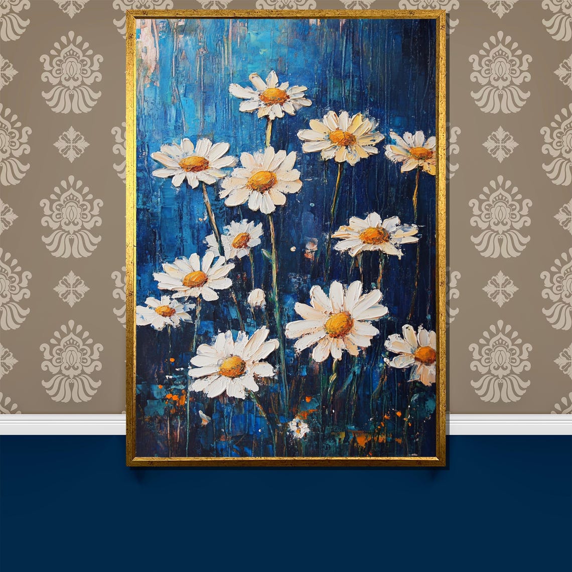 White Daisies on a Dark Blue Impasto Textured Floral Painting Poster