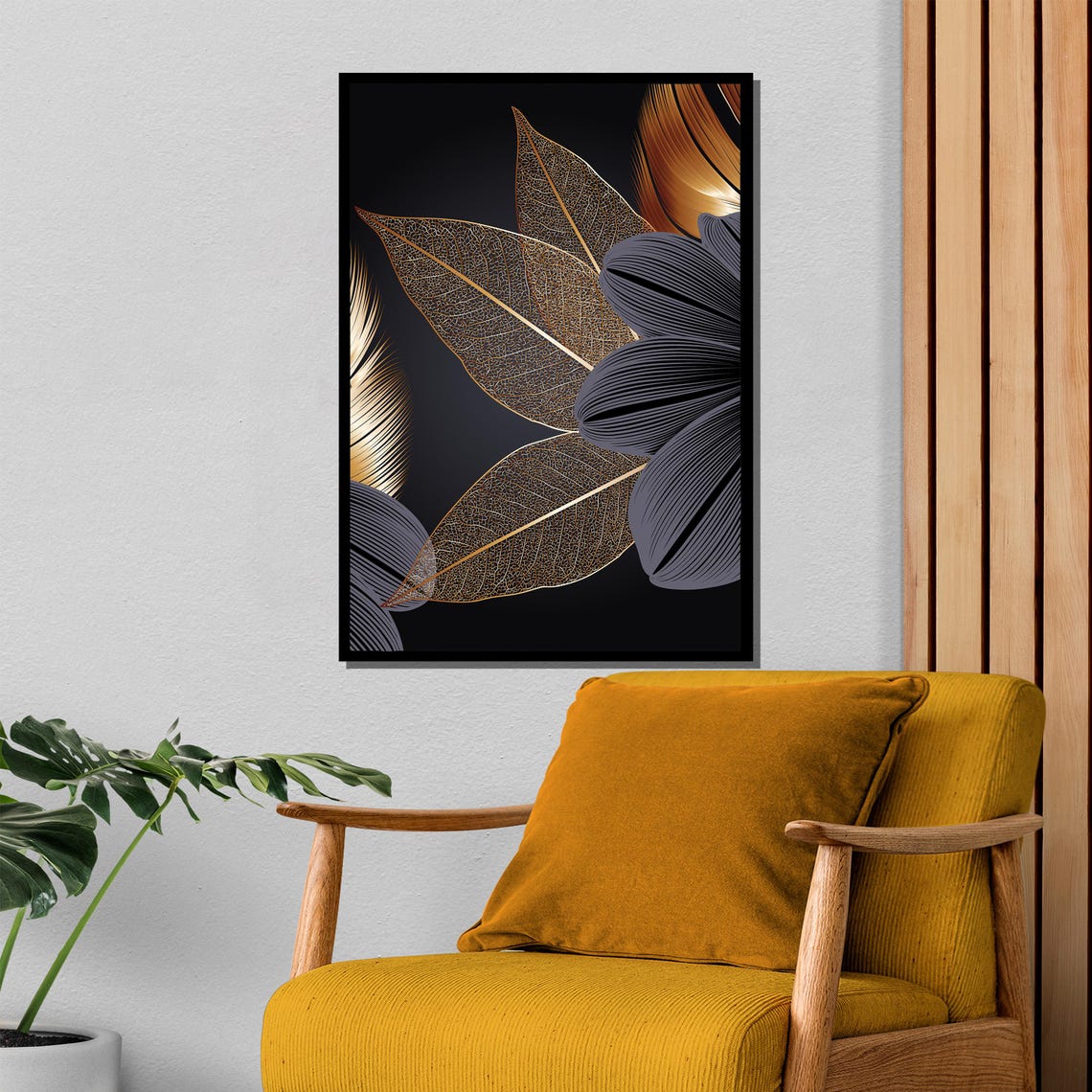 Golden Translucent Leaves And Dark Florals Luxury Art Poster - Image 4