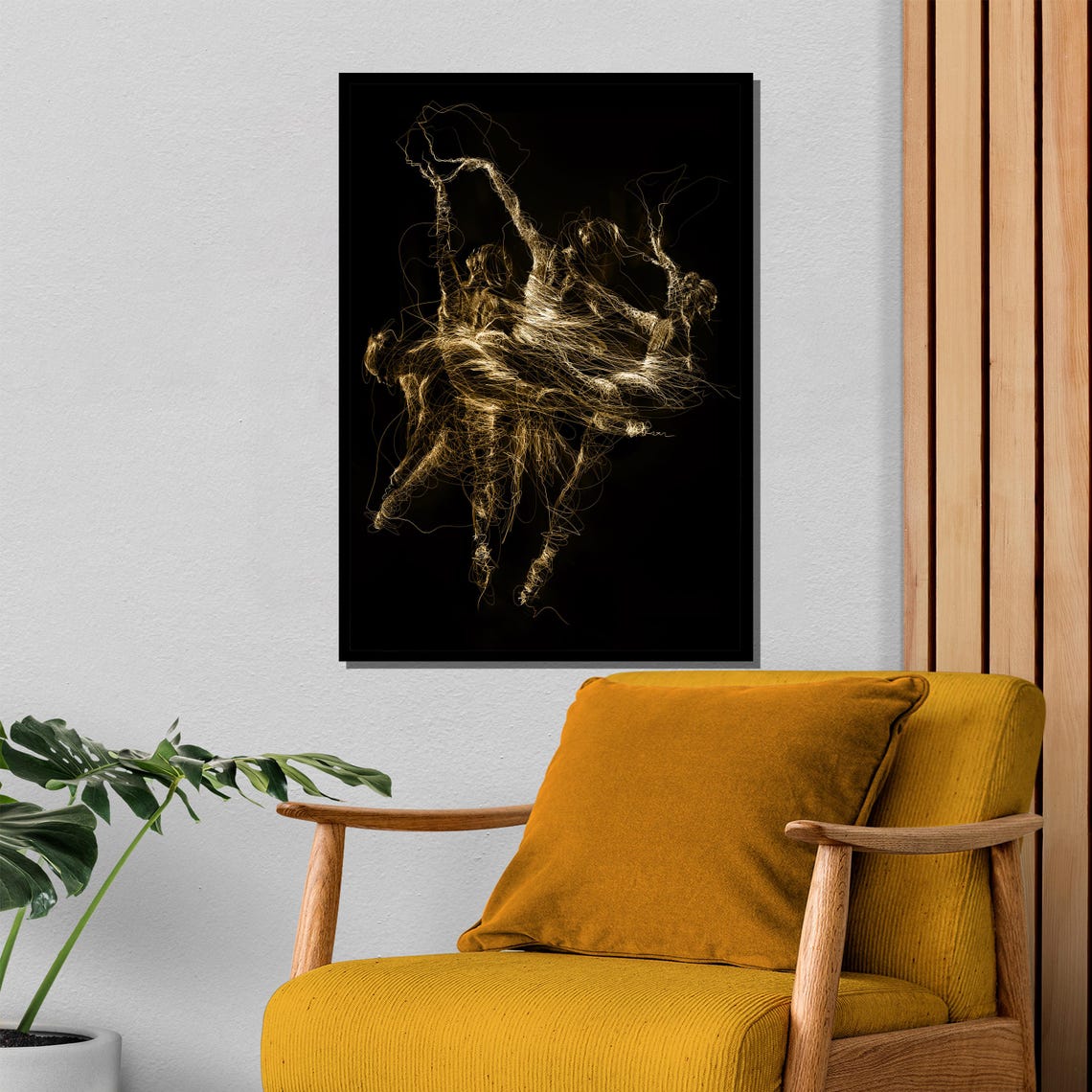 Golden Light Trail Ballet Dancers Motion on Black Art Poster - Image 4