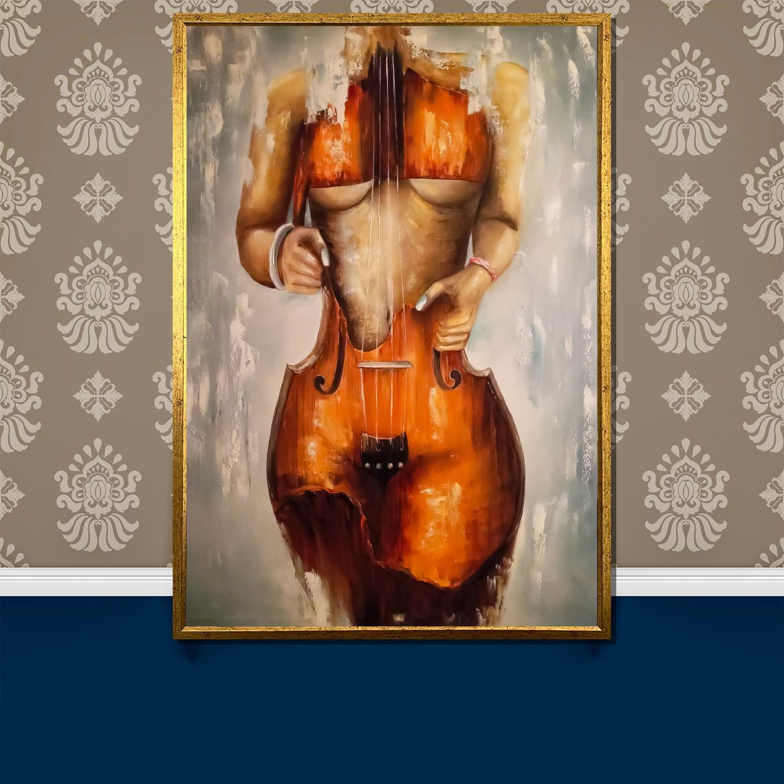 Surreal Violin and Nude Fusion Amber Tones Symbolic Art Poster