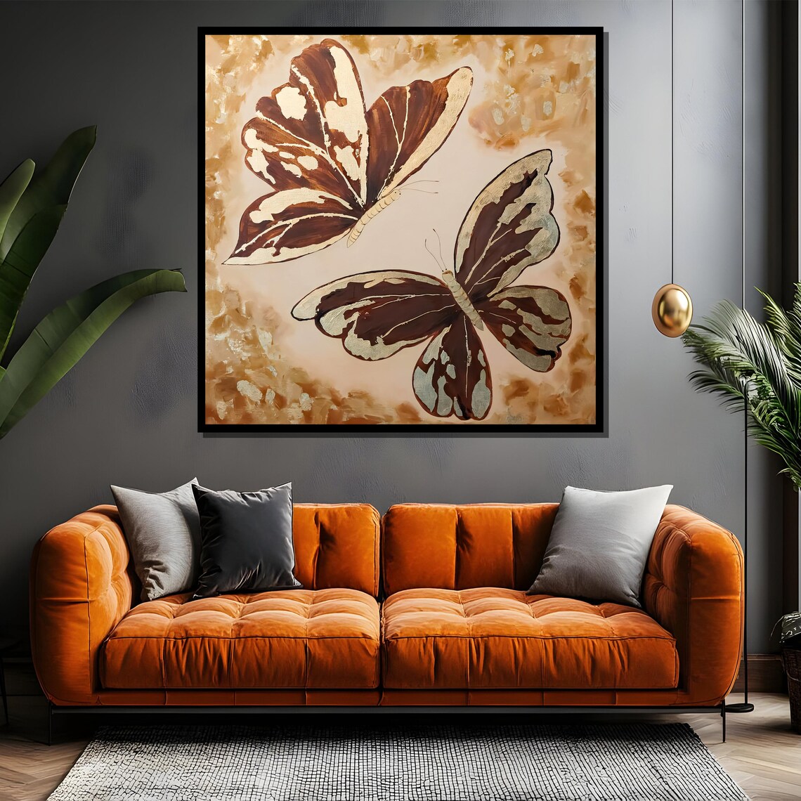 Two Brown and White Butterflies on Golden Beige Painting Poster - Image 4