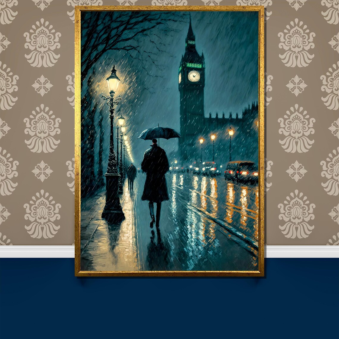 Rainy Night London Big Ben Glowing Clock Moody Travel Poster