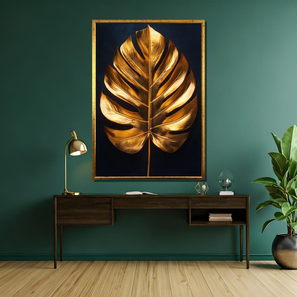 Golden Monstera Leaf on a Black Glamorous Botanical Art Poster - Image 5