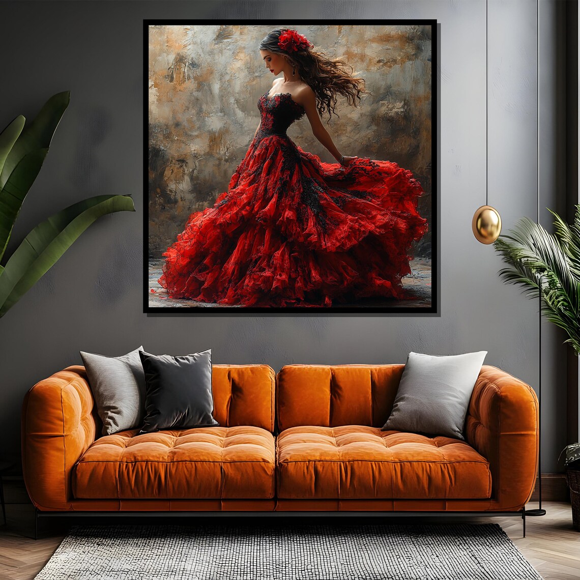 Elegant Flamenco Lady in Flowing Red Ruffles Rose Hair Art Poster - Image 4