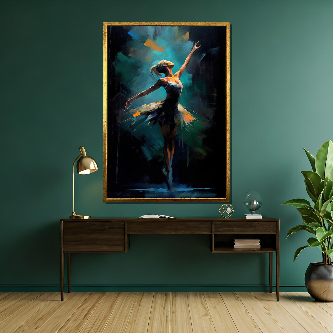 Ballerina in Glowing Tutu Reaching Up Teal Light Painting Poster - Image 5