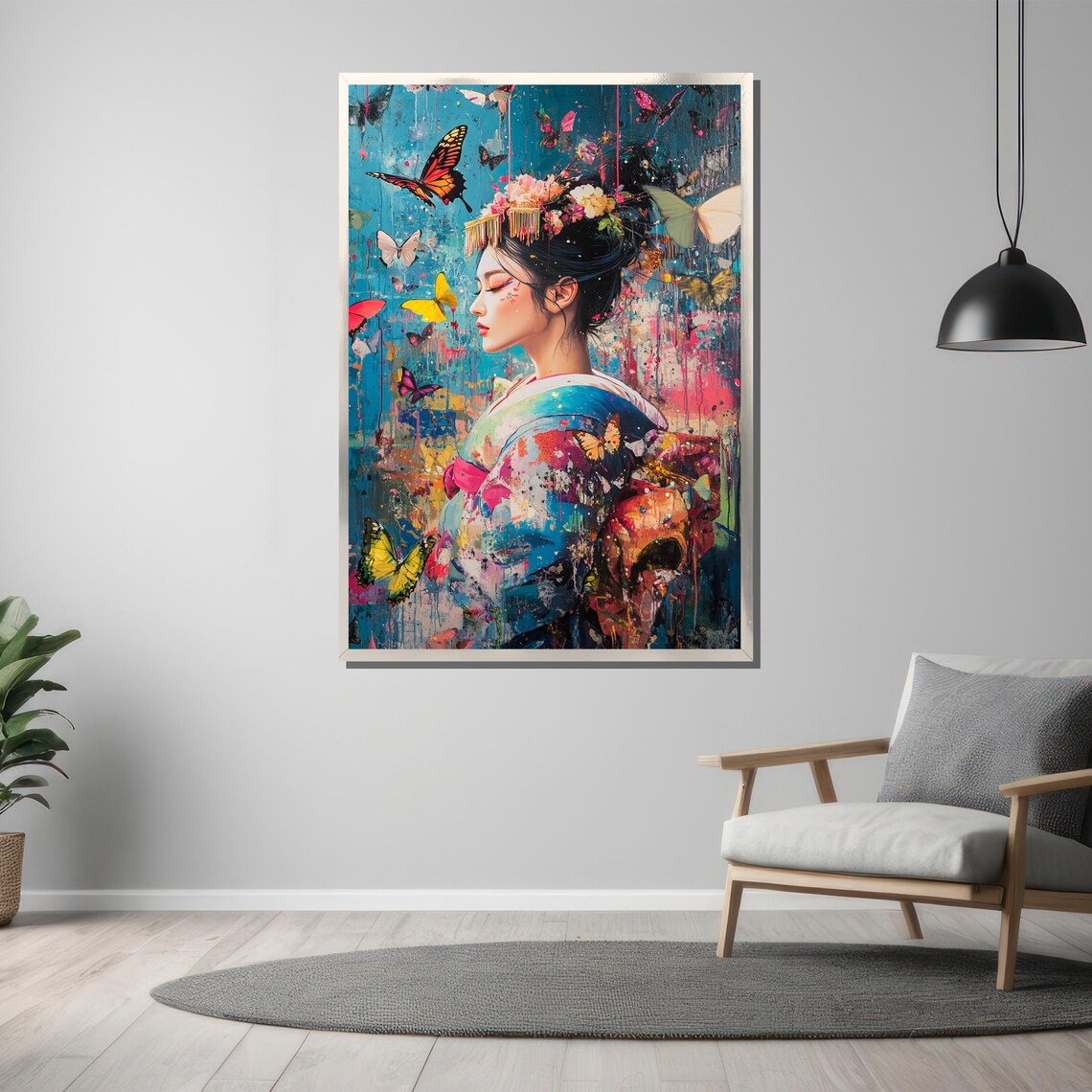 Serene Geisha Among Butterflies Dreamy Teal Splash Art Poster - Image 3