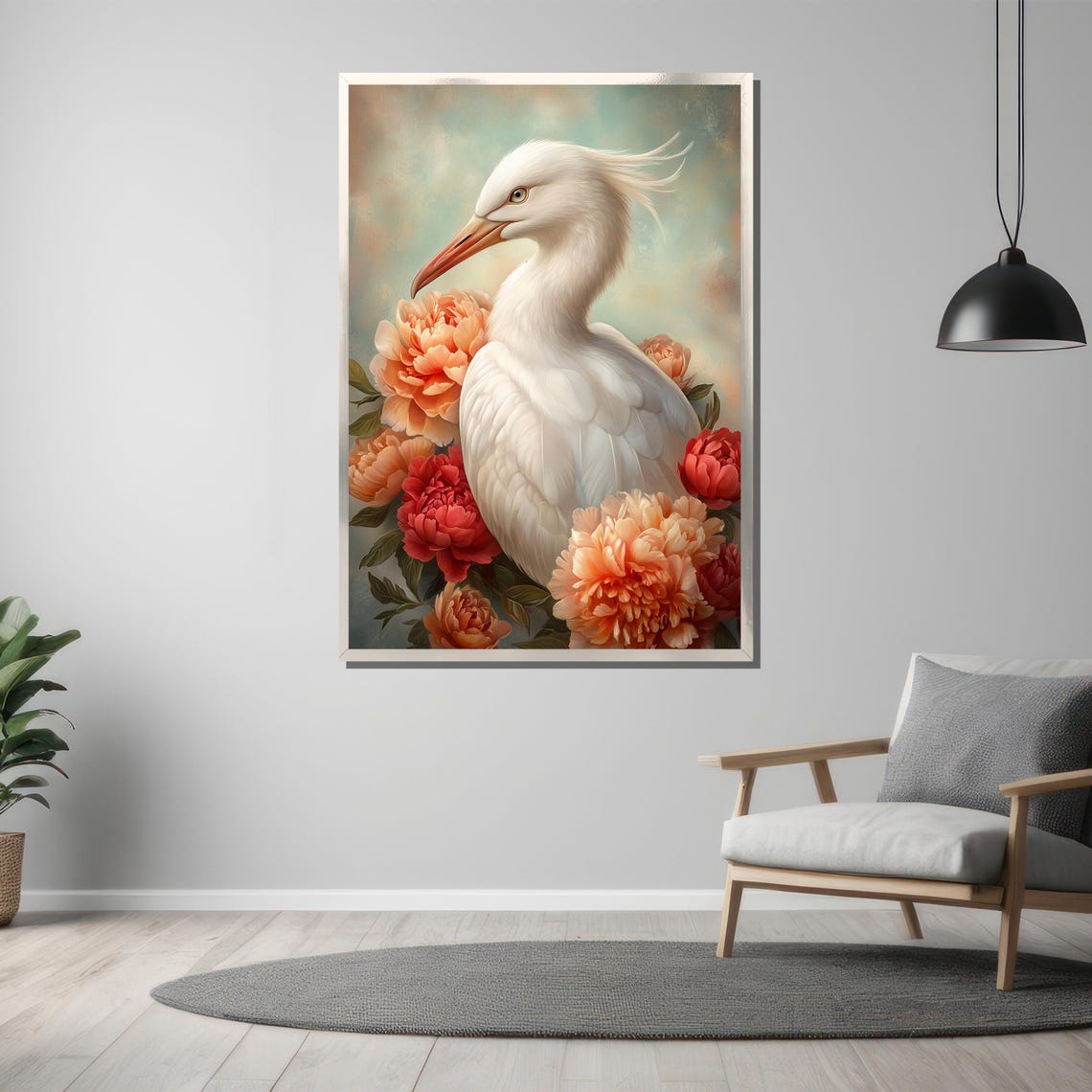 Soft Splendor White Egret Nestled Among Coral Peonies Art Poster - Image 3