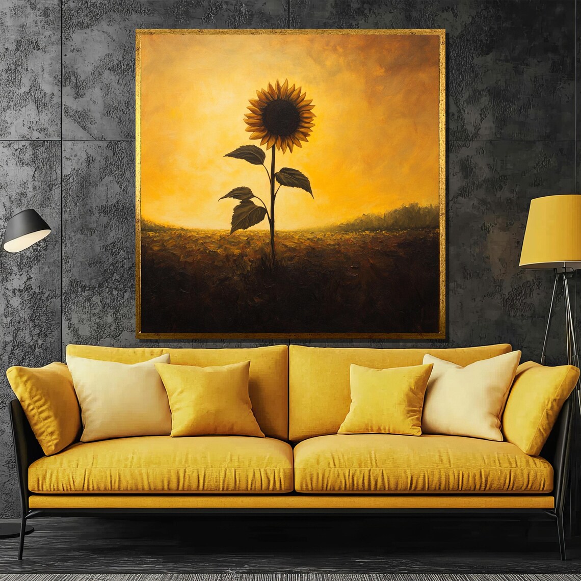 Solitary Sunflower At Golden Sunset Field Romantic Painting Poster