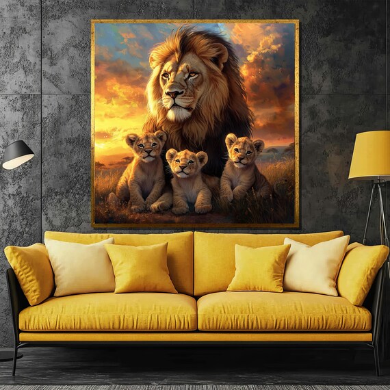 Noble Lion With His Three Cubs Under A Fiery Sunset Sky Poster