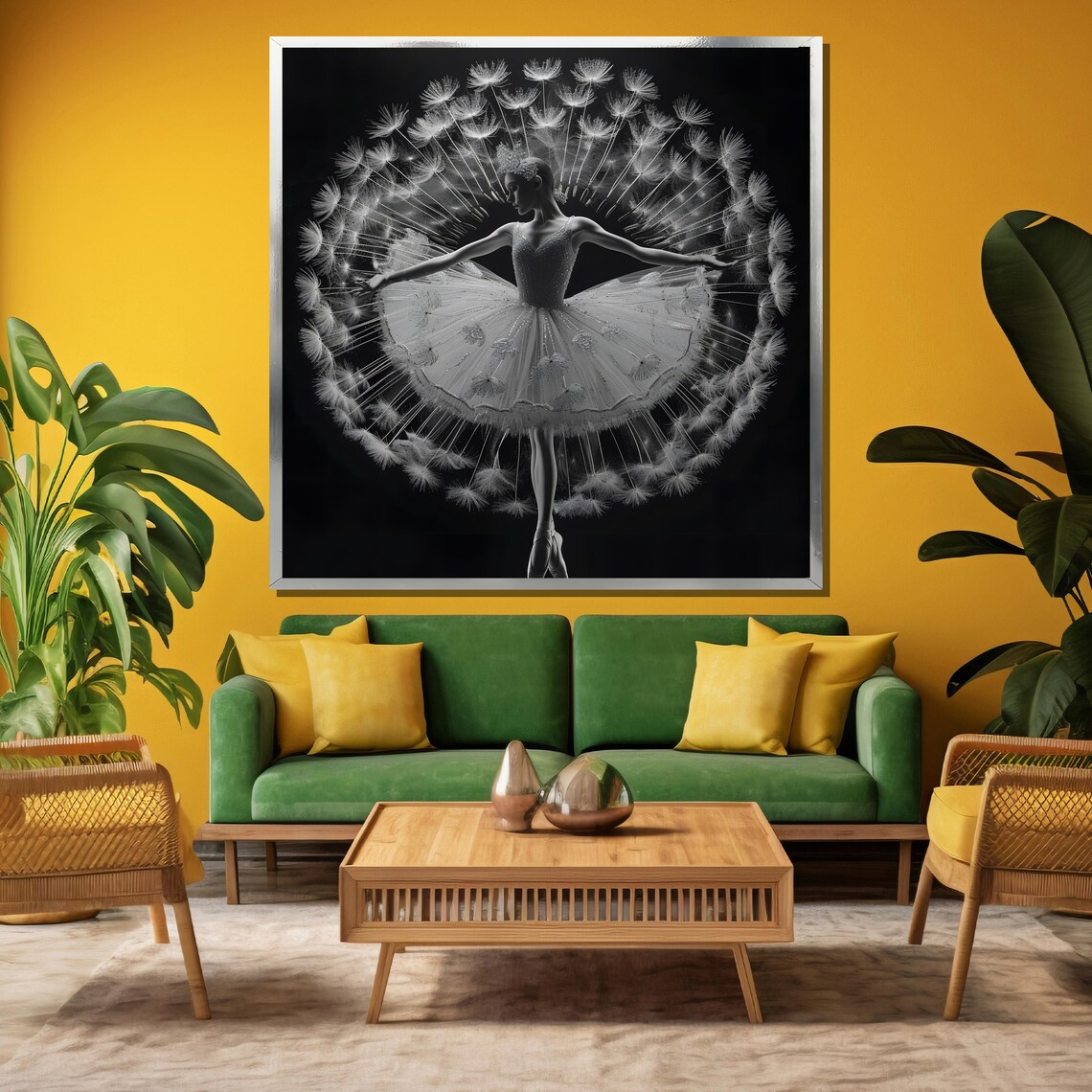 Ballerina Dandelion Fusion Black and White Whimsical Art Poster - Image 3