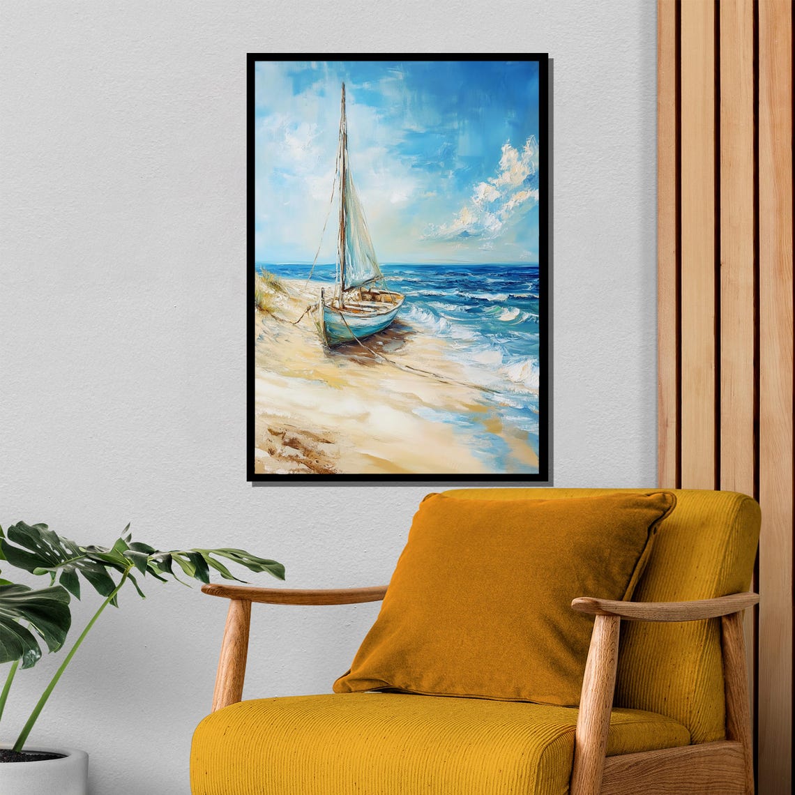 Tranquil Beach Painting With Abandoned Sailboat Coastal Seascape Artwork For Nautical Themed Wall Decor Gift - Image 4