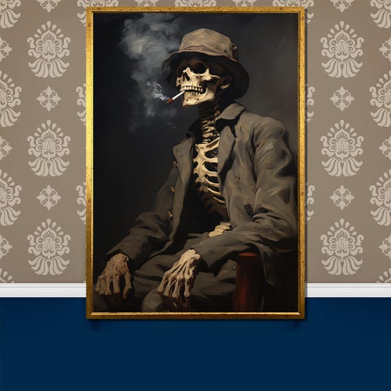Smoky Skeleton Painting Dark And Edgy Gift Unique Skull Art For Gothic And Alternative Home Decor