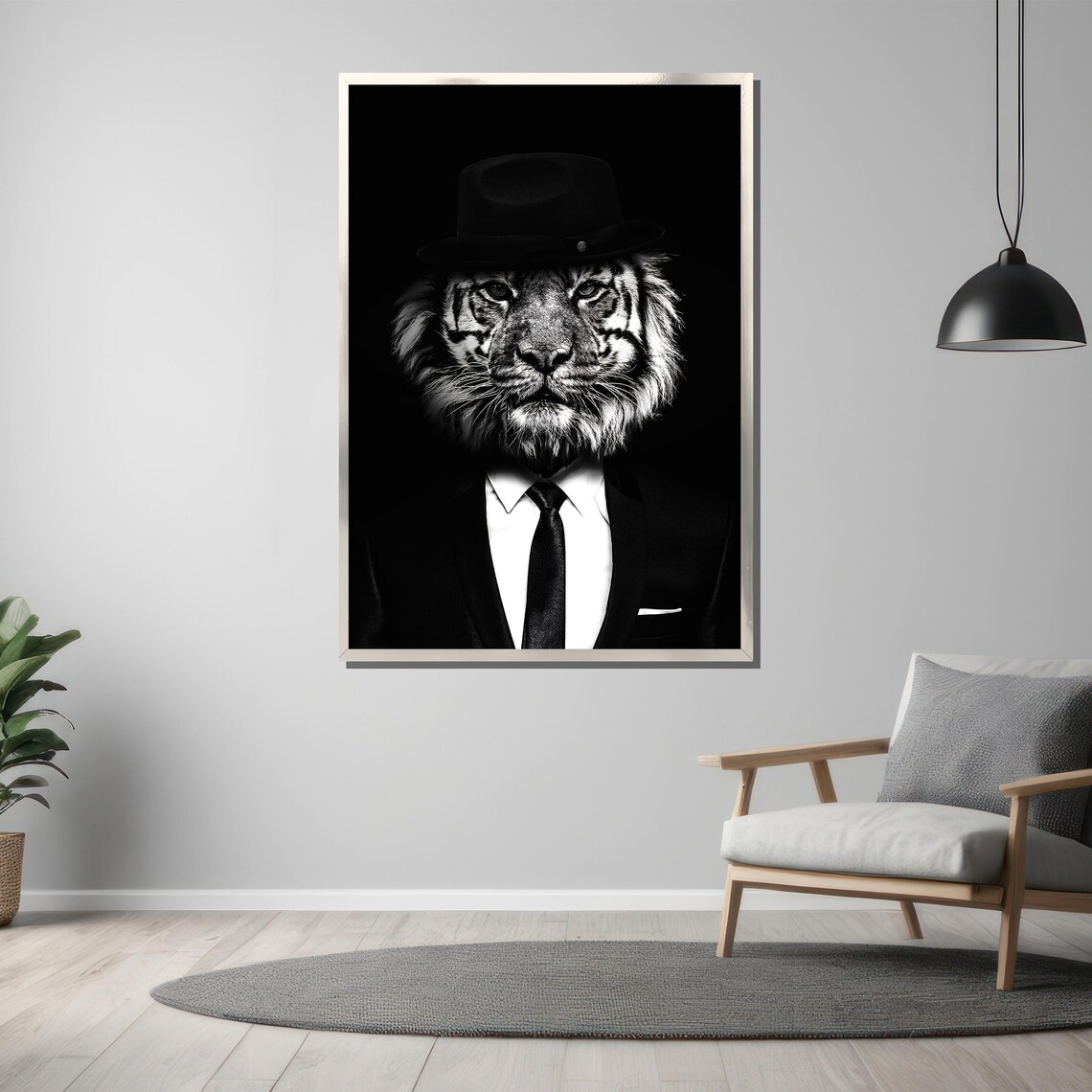 Tiger in Fedora Suit Black and White Funny Animal Portrait Poster - Image 3