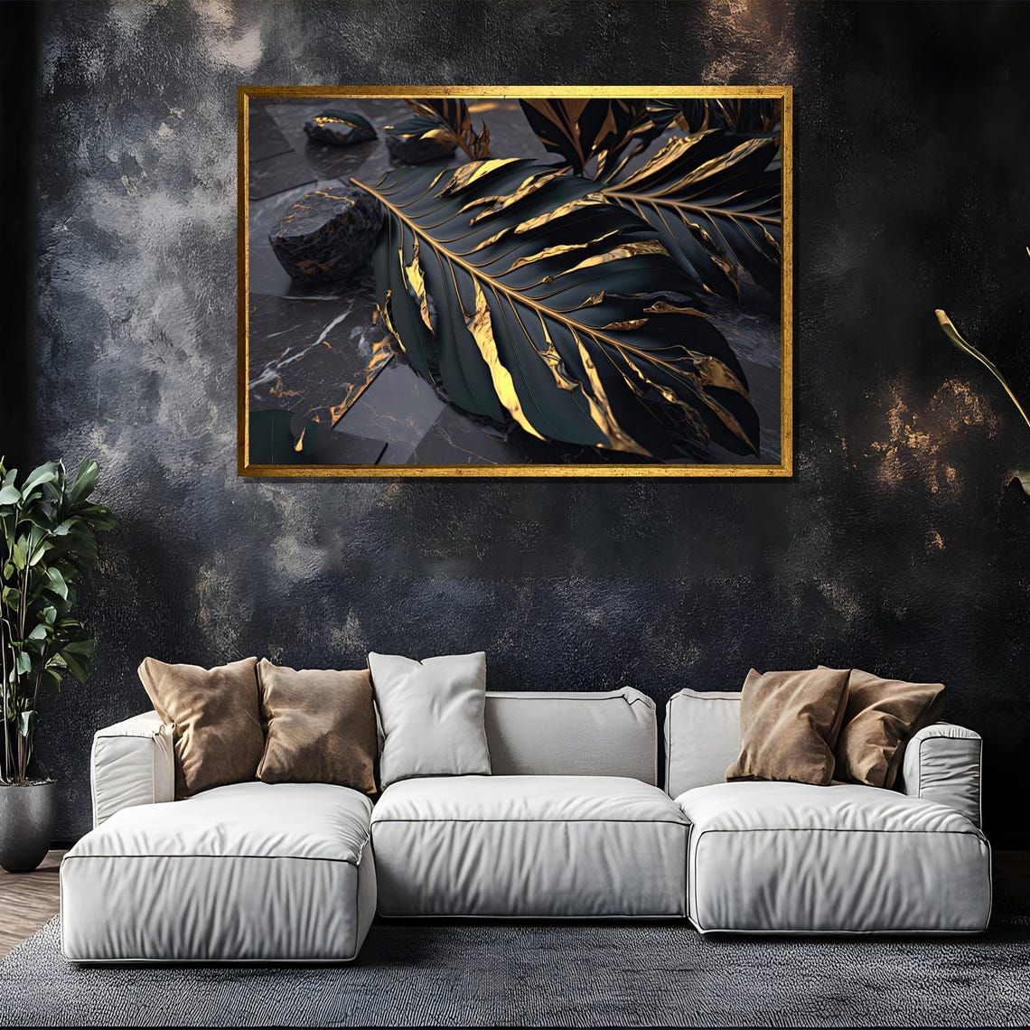 Black And Gold Tropical Leaf On Dark Marble Luxury Art Poster - Image 5