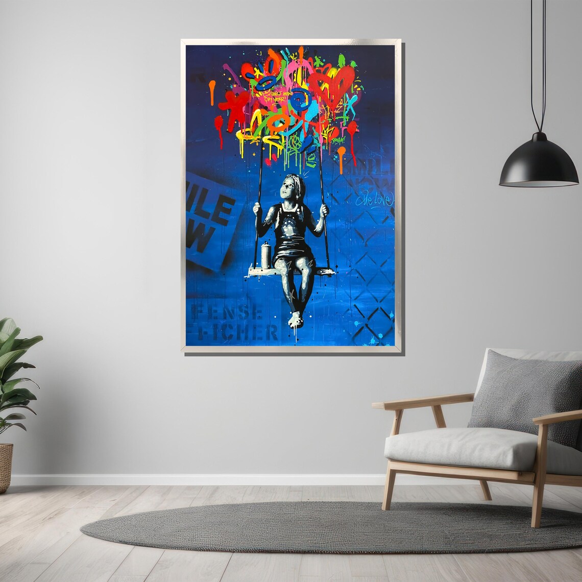 Banksy Style Girl On Swing With Graffiti Balloon Blue Art Poster - Image 3