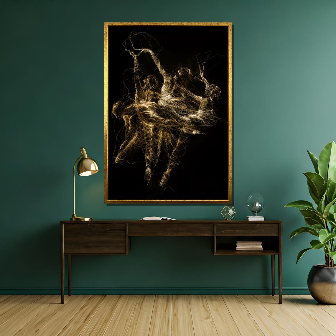 Golden Light Trail Ballet Dancers Motion on Black Art Poster - Image 5